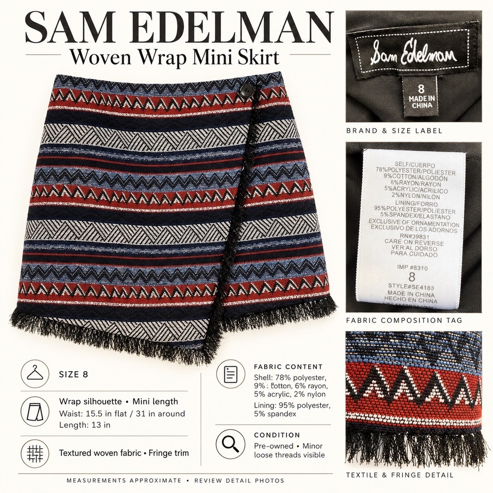 Sam Edelman Women's Size 8 Wrap Mini Skirt Woven Geometric Fringe Boho Fall - Picture 7 of 13